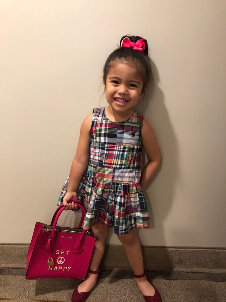 Everly sporting her Ralph Lauren plaid dress, Old Navy Ballerina Shoes, Michael Kors Mini-Pink handbag #thesewereallgifts #shestheonlygrandchild #shelovedit